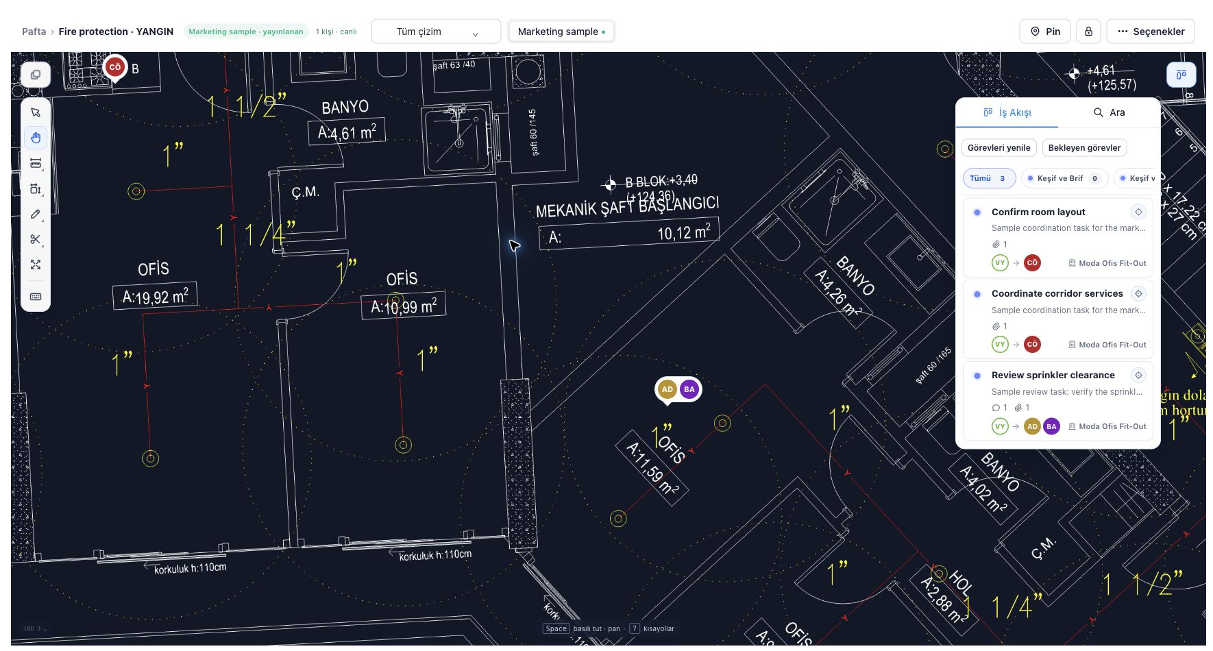 Actual Pafta CAD detail with workflow pins · Supplied YANGIN.dwg
